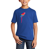 Papegaai Parkiet Strijk Embleem Patch Links op een blauw t-shirt