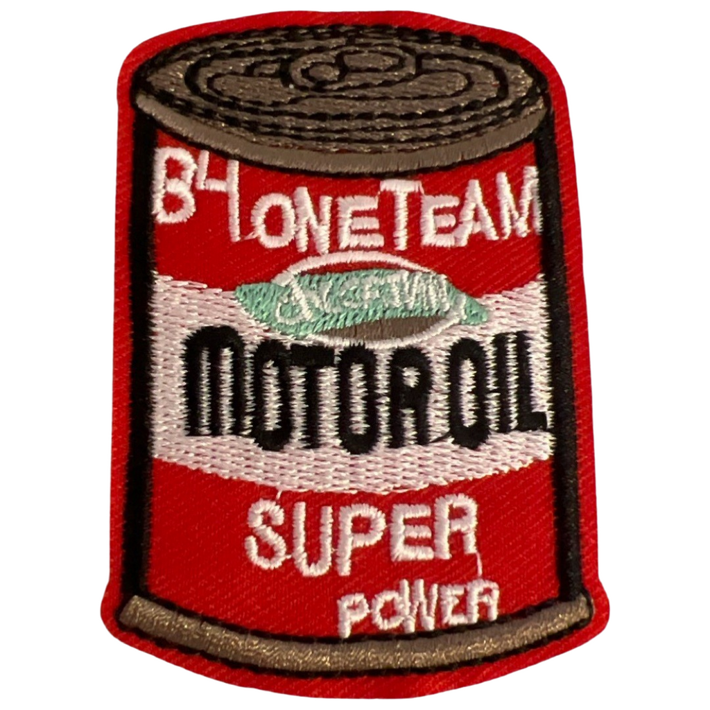 Motor Oil Blik Patch Met Super Power En B4 One Team Tekst