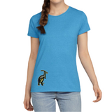 Dinosaurus Parasaurolophus Strijk Embleem Patch op een blauw t-shirt