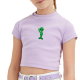 Alien Peace Sign Strijk Embleem Patch tip een lila t-shirtje