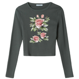 Rozen Bloemen Full Color Strijk Applicatie op een grijs / groene longsleeve