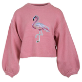 Roze Flamingo XXL Strijk Embleem Patch Rechts op een roze sweater