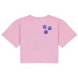 Drie maal de Madelief Bloemetje Strijk Embleem Patch Lila op een roze t-shirtje