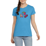 Play And Game Strijk Embleem Patch Set 3 stuks op een blauw t-shirt