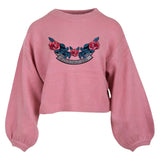 Happy Right Now Tekst Bloem Tak XXL Strijk Patch Embleem op een roze sweater