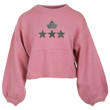 Kroon Strijk Embleem Patch Mat Zilver Strass samen met drie strass sterren op een roze sweater 