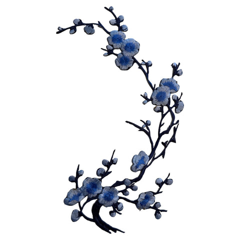 Pruimen Bloesem Tak Strijk Embleem Patch Blauw
