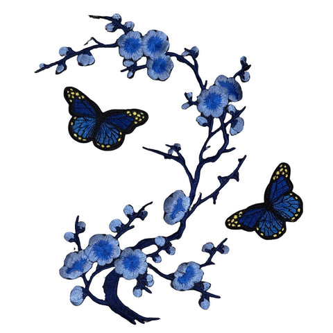 Bloesem Bloemen Vlinder Strijk Embleem Patch Set Blauw