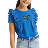 Vlinder Strijk Patch Embleem op een blauw shirtje