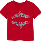 Twee maal de Venetiaans Kant Sequins Cosplay Strijk Applicatie Patch Zilver op een rood t-shirt