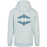 Twee maal de Cosplay Sequins Venetiaans Kant  Strijk Applicatie Patch Licht Blauw op de rugzijde van een lichtblauwe hoodie