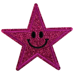 Smiley Ster Strijk Embleem Patch Glitter Donker Roze