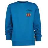 TV Draagbare Radio Toestel Strijk Embleem Patch op een blauwe sweater