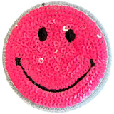 Roze smiley strijkpatch met duurzame pailletten voor kleding en accessoires