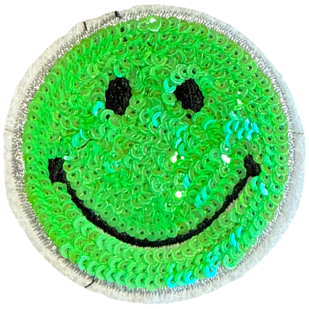 Groene smiley strijkpatch met glanzende pailletten voor kleding en accessoires