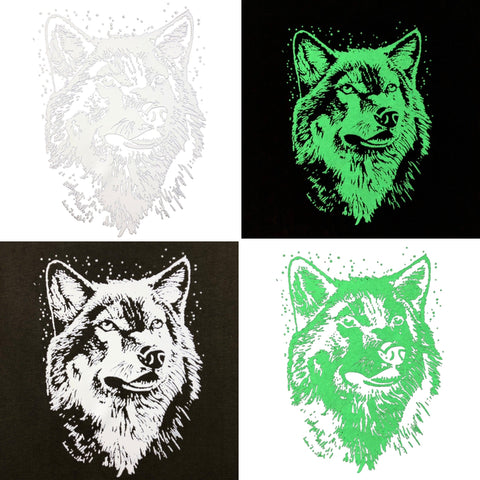 Wolf opstrijk applicatie met glow in the dark effect op textielfolie