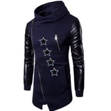 Vier maal de Ster Strass Strijk Fashion Part Patch op een donkerblauwe goth jas met zwarte leren mouwen