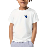 Ster Strijk Embleem Applicatie Patch Blauw op een wit t-shirtje