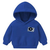 Platenspeler Draaitafel Grammofoon Pick-up Strik Embleem Patch op een blauwe kleine hoodie