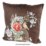 Vogels Vogelkooi Vintage Volière Strijk Applicatie op een sierkussen samen met een witte bloemen applicatie