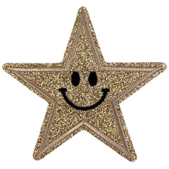 Smiley Ster Strijk Embleem Patch Glitter Champagne Goud