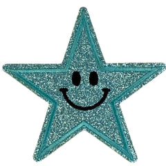 Smiley Ster Strijk Embleem Patch Glitter Licht Blauw