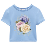 Bloem Hortensia Roos Pioen Full Color Strijk Applicatie op een lichtblauw t-shirtje