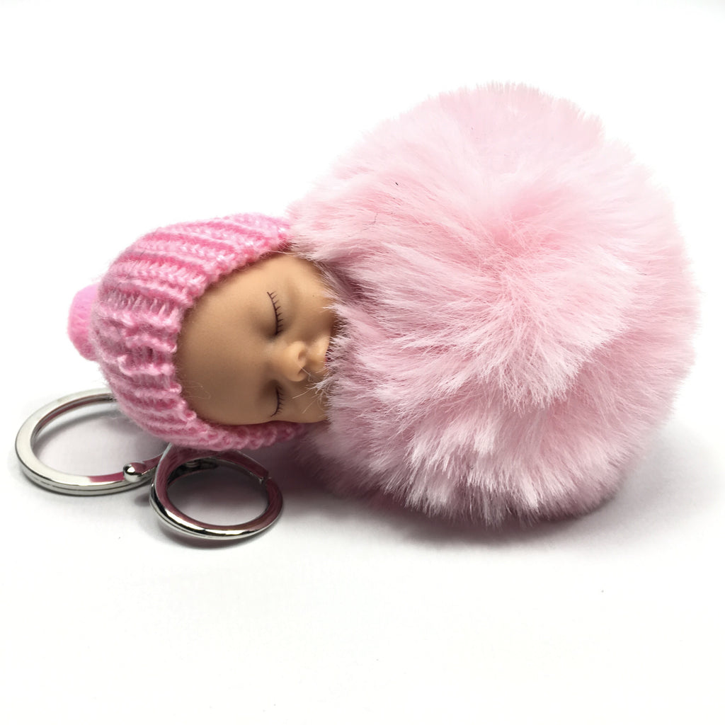 Sleutelhanger Slapende Baby Roze Pompom