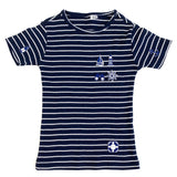 Houten Marine Navy Opnaai Knopen Set 7 stuks op een wit met blauw gestreept t-shirt maat 110