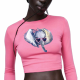 Olifant Fashion Strijk Applicatie op een roze navel shirtje 