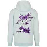 Magnolia Bloesem Bloemen Tak XXL Strijk Embleem Patch Paars op de rugzijde van een lichtblauwe hoodie