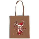 Rendier Rudolph Reindeer Kerstmuts Sjaal Strijk Applicatie op een bruine canvas tas