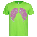 Vleugel Engel Paillette Vleugels XXL Strijk Embleem Patch Set L+R Roze op een knal groen t-shirt