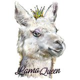 Een Applicatie van een witte lama met een klein gouden kroontje en Lama Queen Tekst